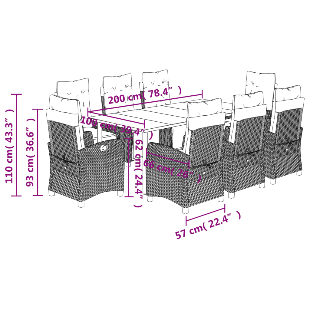 Set da Pranzo da Giardino 9 pz con Cuscini in Polyrattan Grigio - homemem39