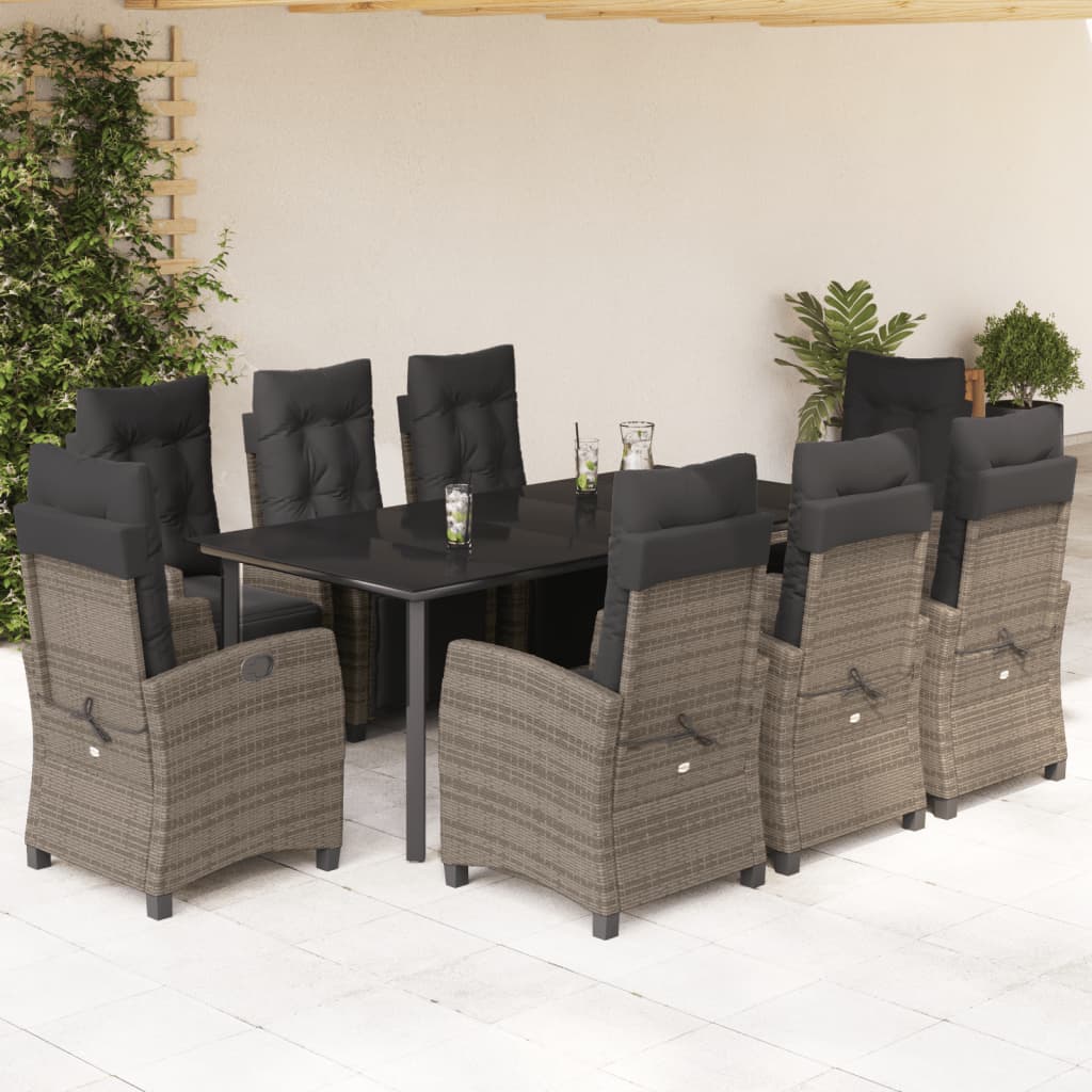Set da Pranzo da Giardino 9 pz con Cuscini in Polyrattan Grigio - homemem39