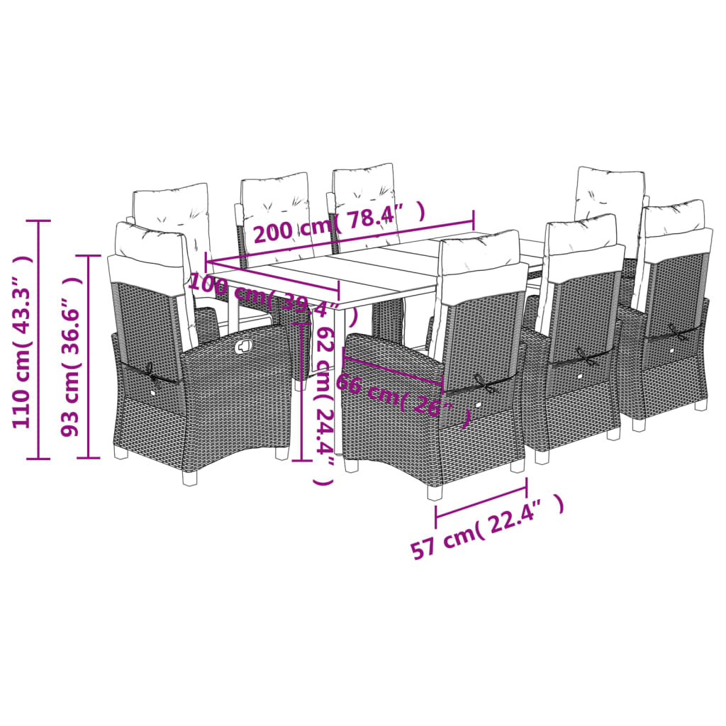 Set Pranzo da Giardino 9pz con Cuscini Grigio Chiaro Polyrattan - homemem39