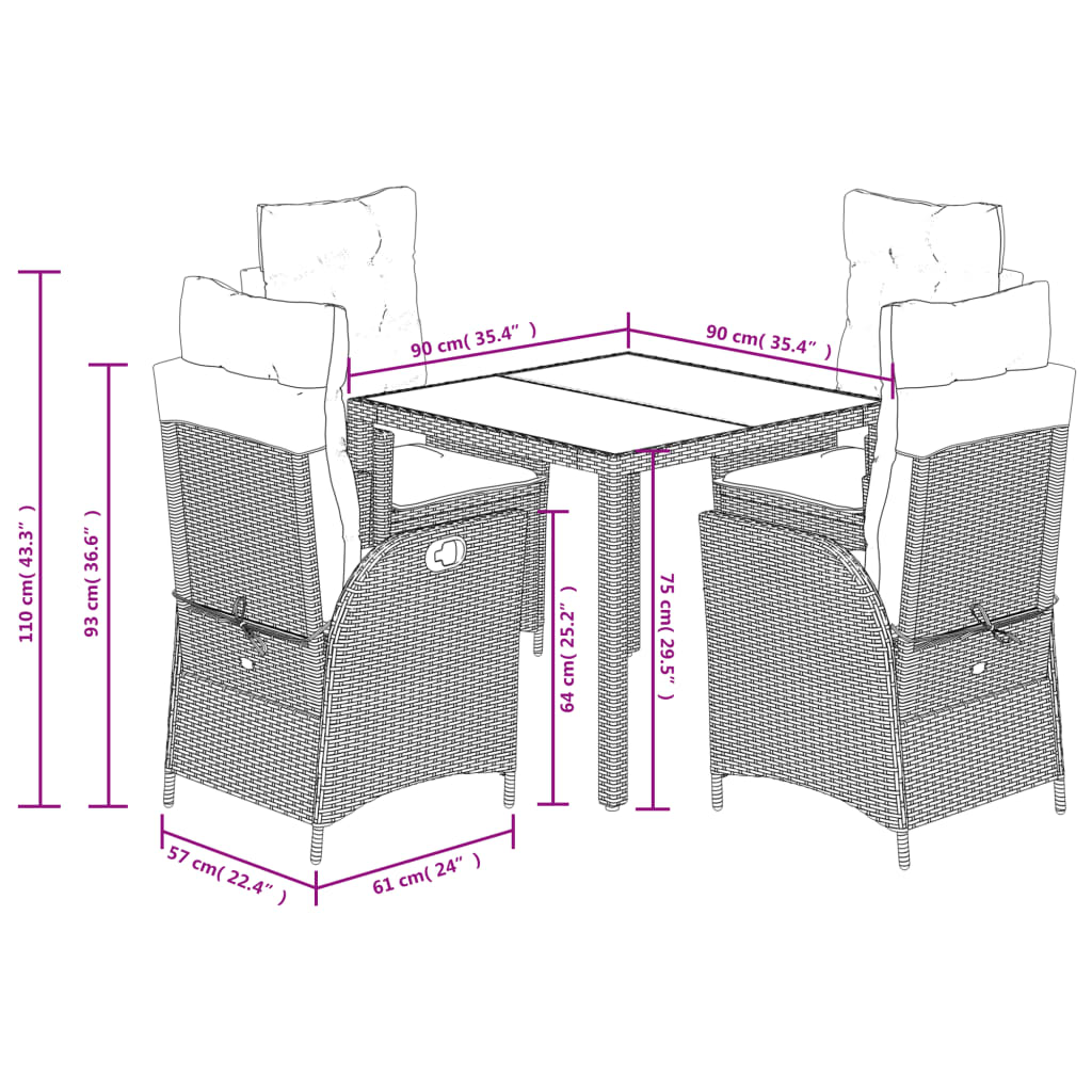 Set da Pranzo da Giardino 5 pz Nero con Cuscini in Polyrattan | homemem39