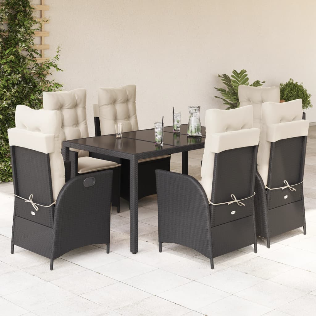 Set da Pranzo da Giardino 7 pz Nero con Cuscini in Polyrattan - homemem39