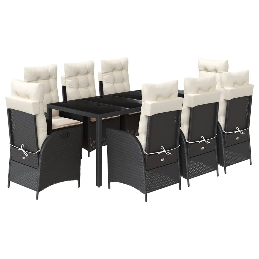 Set da Pranzo da Giardino 9 pz con Cuscini Nero in Polyrattan | homemem39