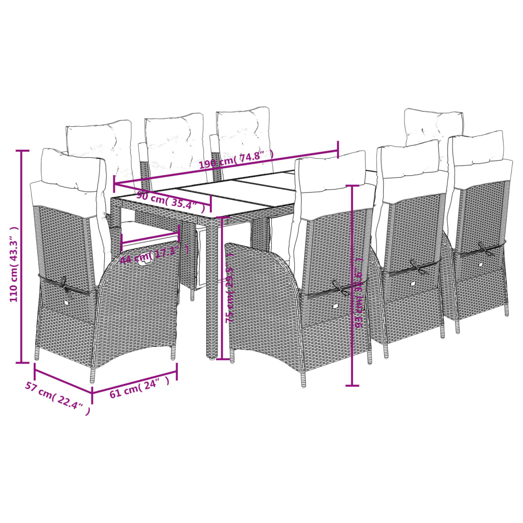 Set da Pranzo da Giardino 9 pz con Cuscini Nero in Polyrattan | homemem39