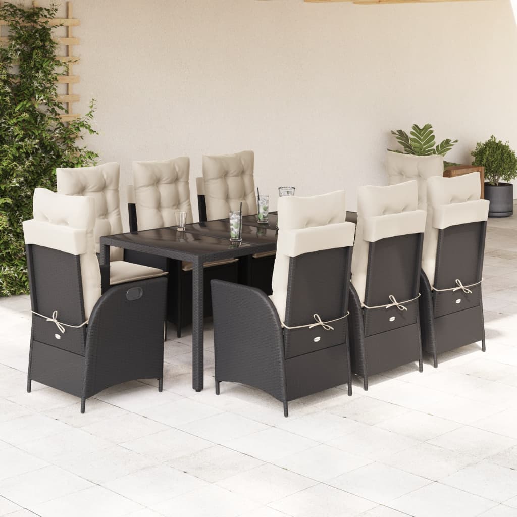 Set da Pranzo da Giardino 9 pz con Cuscini Nero in Polyrattan | homemem39