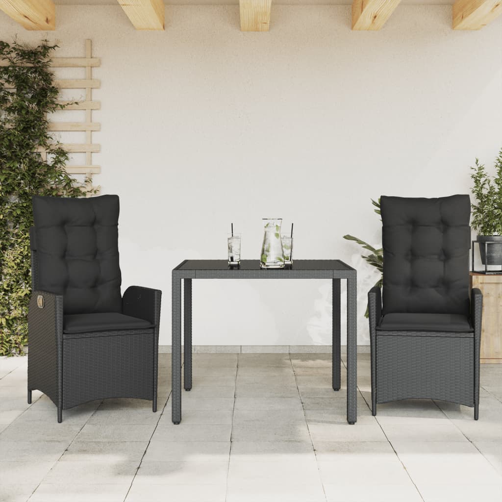 Set da Pranzo da Giardino 3 pz con Cuscini Nero in Polyrattan | homemem39