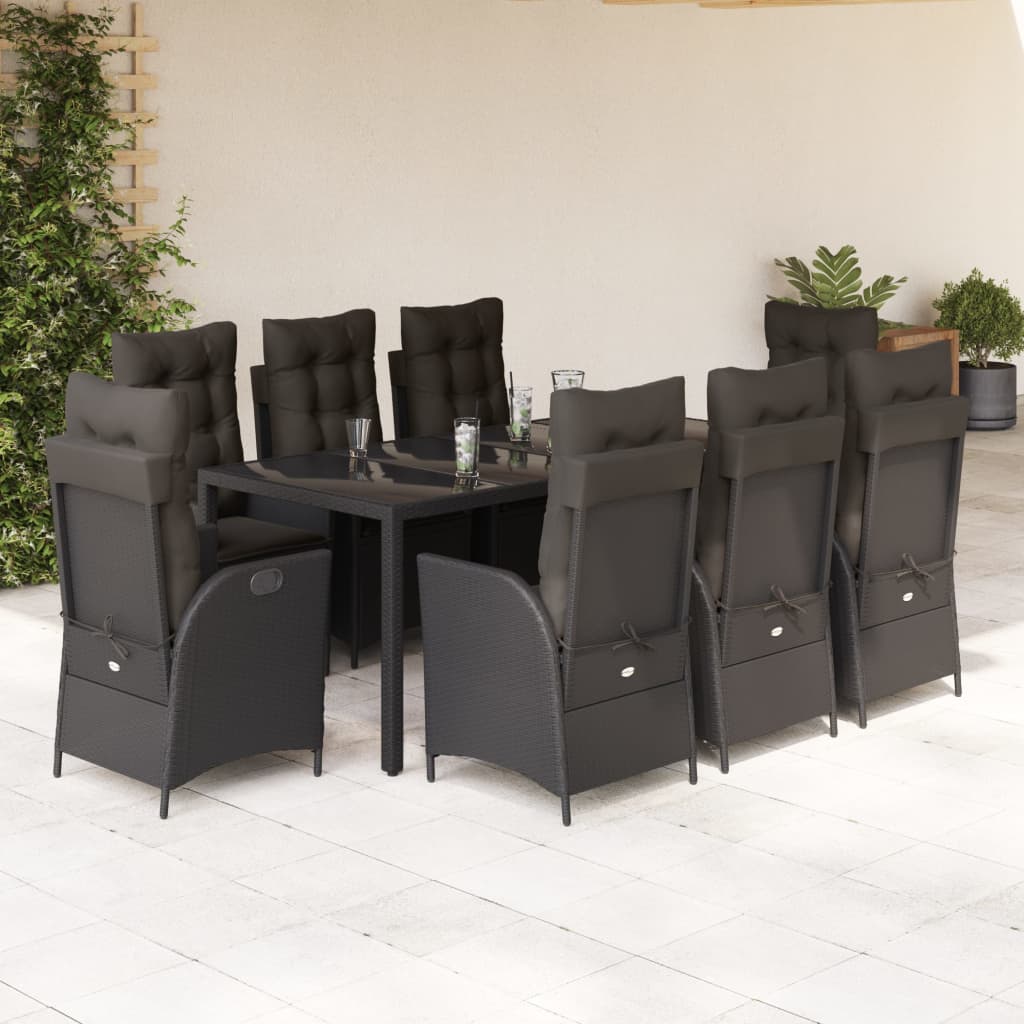 Set da Pranzo da Giardino 9 pz con Cuscini Nero in Polyrattan | homemem39