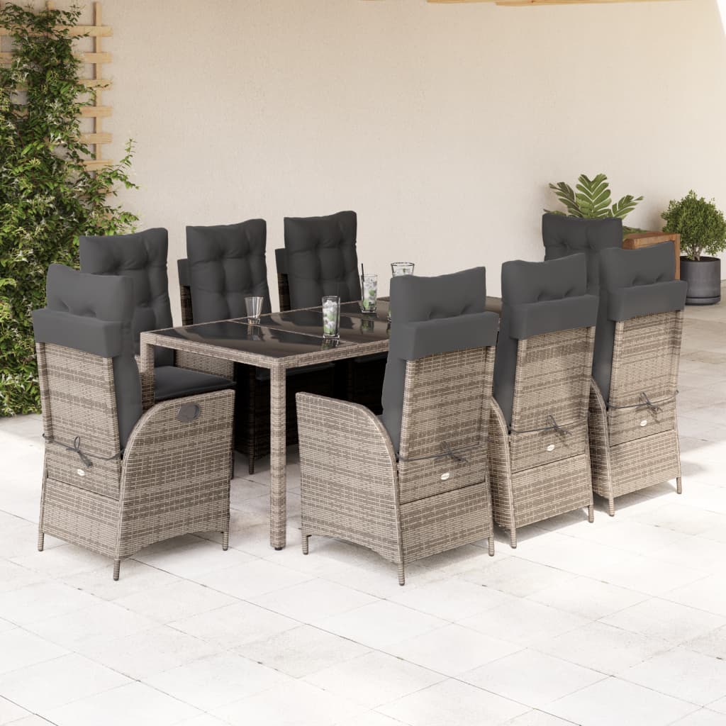 Set da Pranzo da Giardino 9 pz con Cuscini in Polyrattan Grigio