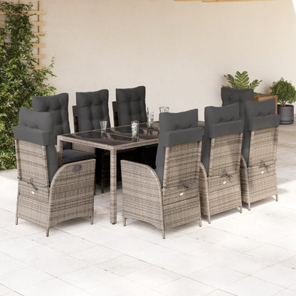 Set da Pranzo da Giardino 9 pz con Cuscini in Polyrattan Grigio