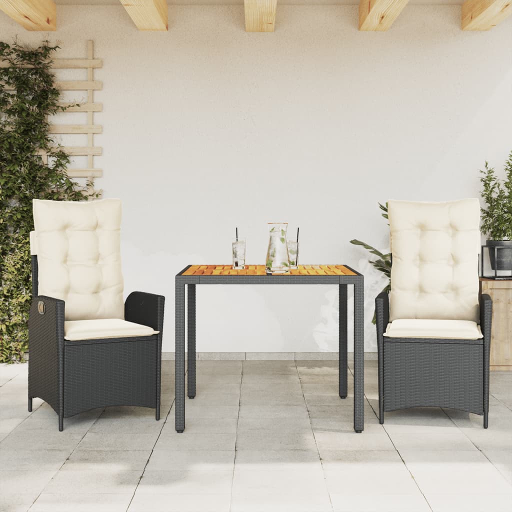 Set da Pranzo da Giardino 3 pz con Cuscini Nero in Polyrattan | homemem39