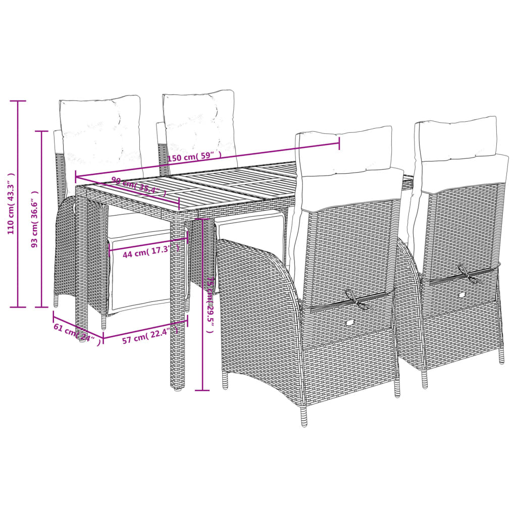 Set da Pranzo da Giardino 5 pz Nero con Cuscini in Polyrattan | homemem39
