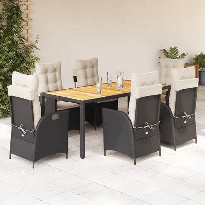 Set da Pranzo da Giardino 7 pz Nero con Cuscini in Polyrattan