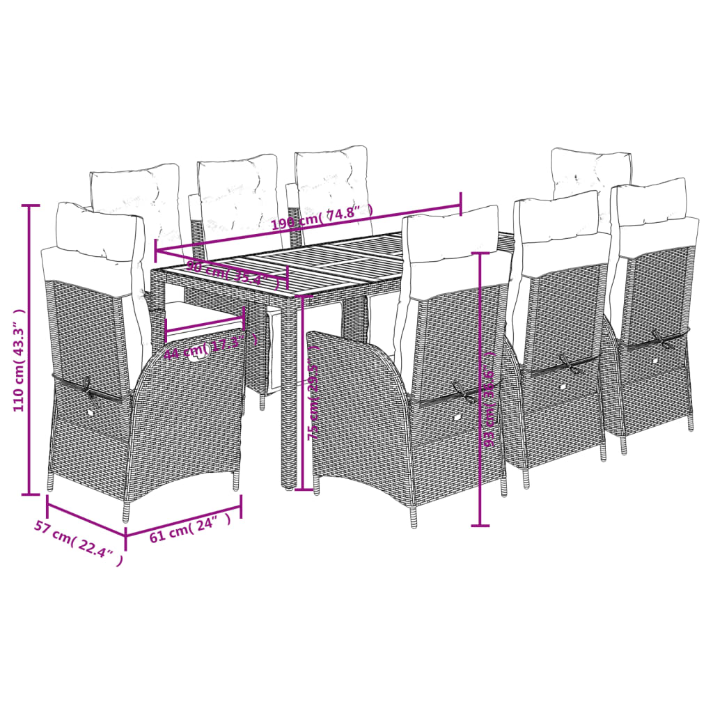 Set da Pranzo da Giardino 9 pz con Cuscini Nero in Polyrattan | homemem39