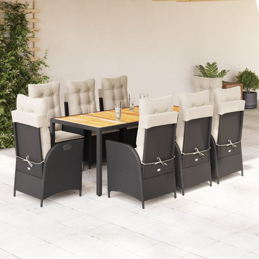 Set da Pranzo da Giardino 9 pz con Cuscini Nero in Polyrattan - homemem39