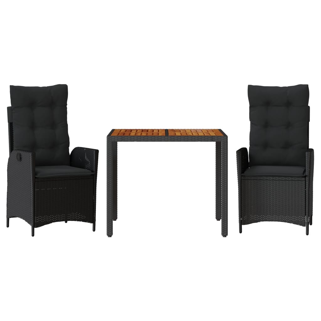 Set da Pranzo da Giardino 3 pz con Cuscini Nero in Polyrattan