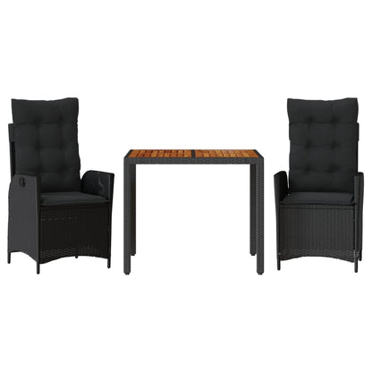 Set da Pranzo da Giardino 3 pz con Cuscini Nero in Polyrattan