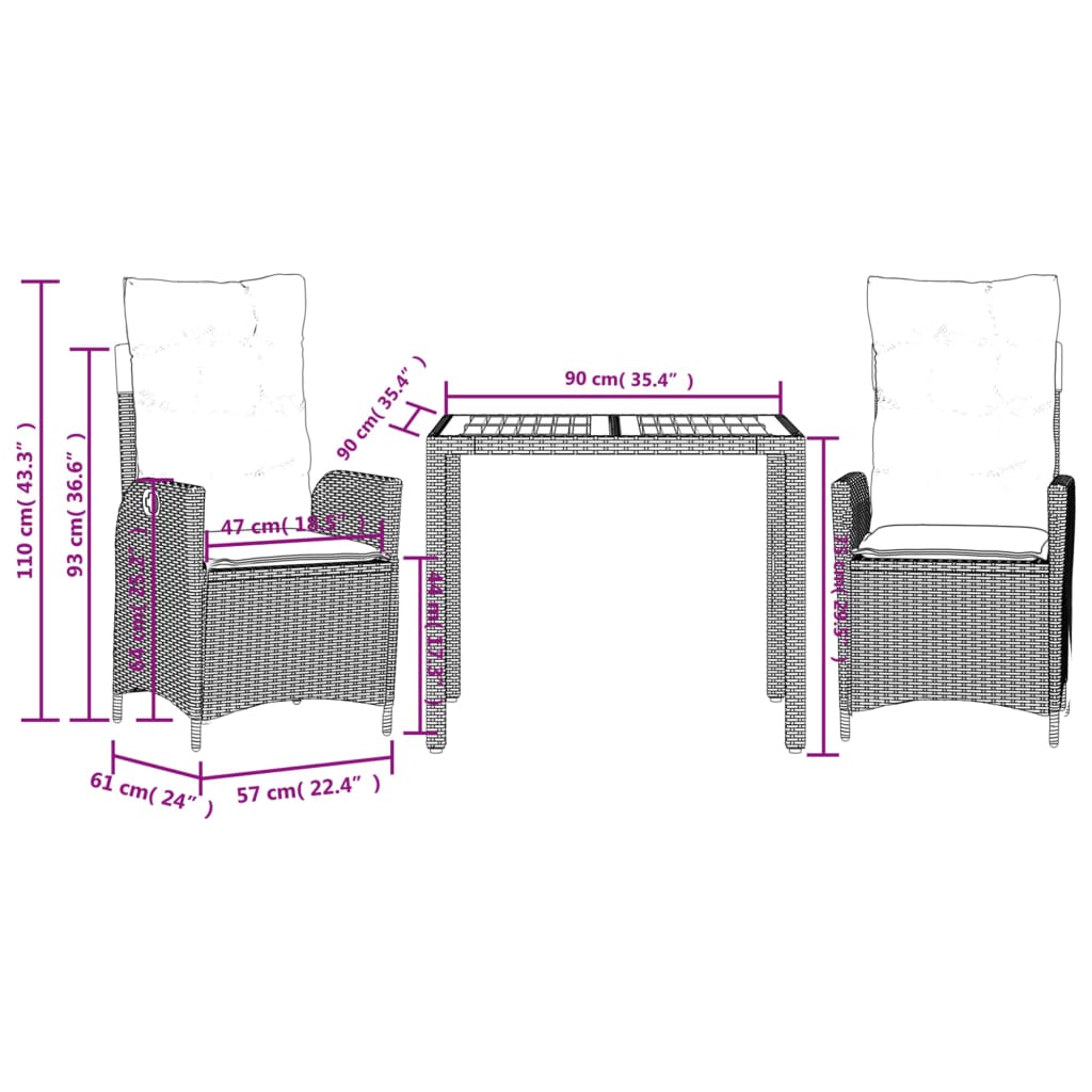 Set da Pranzo da Giardino 3 pz con Cuscini Nero in Polyrattan | homemem39