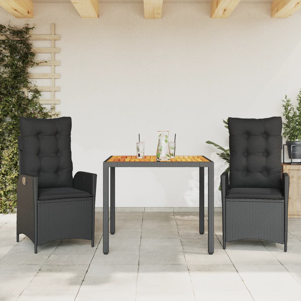 Set da Pranzo da Giardino 3 pz con Cuscini Nero in Polyrattan | homemem39