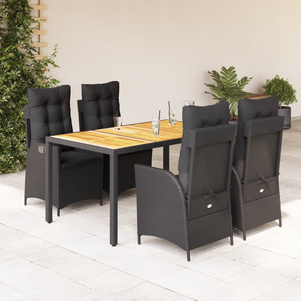 Set da Pranzo da Giardino 5 pz Nero con Cuscini in Polyrattan
