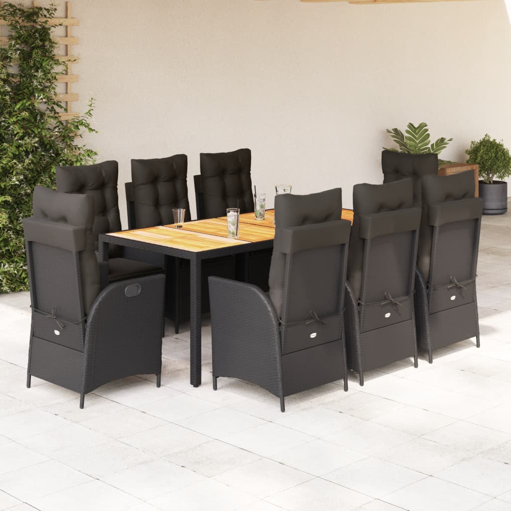 Set da Pranzo da Giardino 9 pz con Cuscini Nero in Polyrattan | homemem39