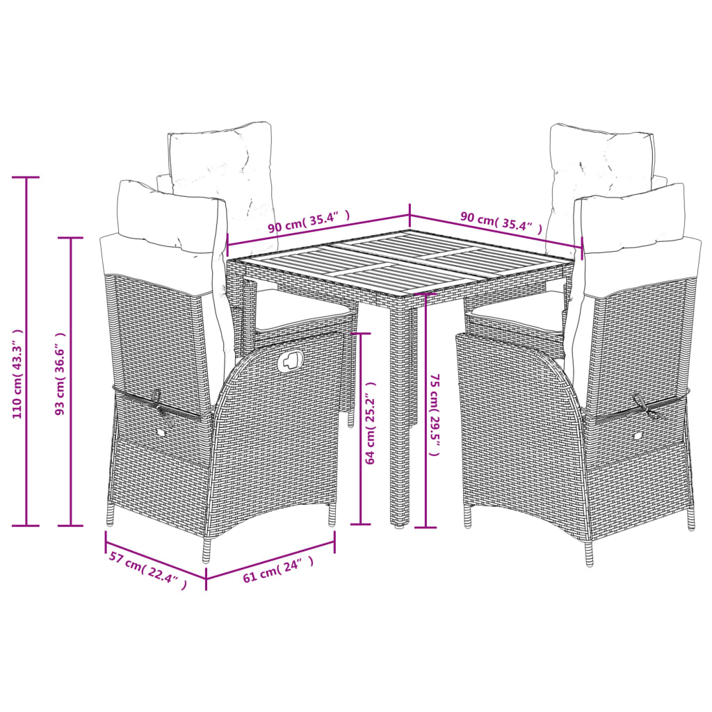 Set da Pranzo da Giardino 5 pz con Cuscini in Polyrattan Grigio | homemem39