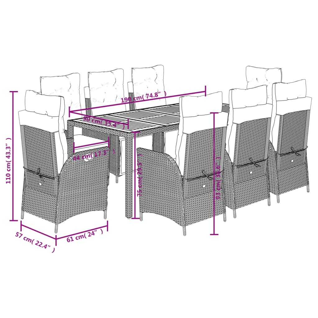 Set da Pranzo da Giardino 9 pz con Cuscini in Polyrattan Grigio | homemem39