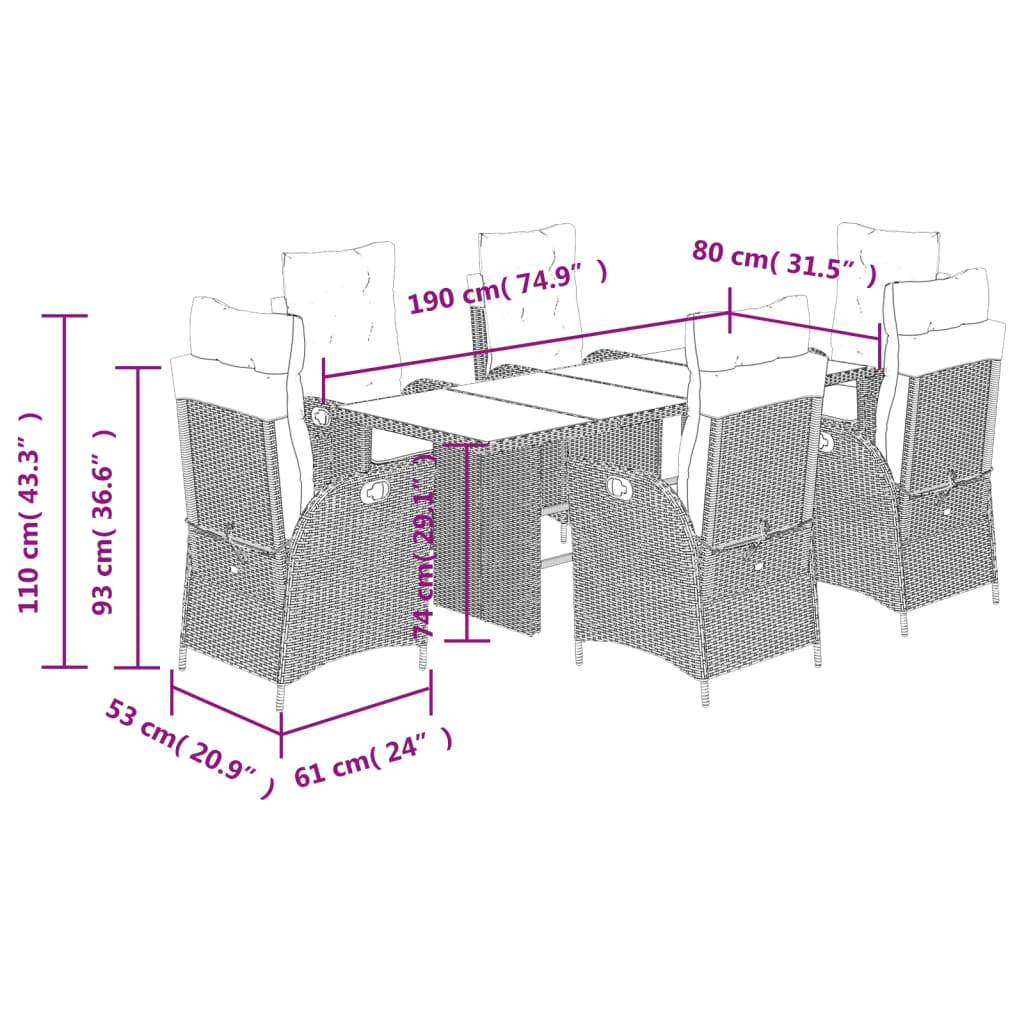 Set da Pranzo da Giardino 7 pz Nero con Cuscini in Polyrattan | homemem39