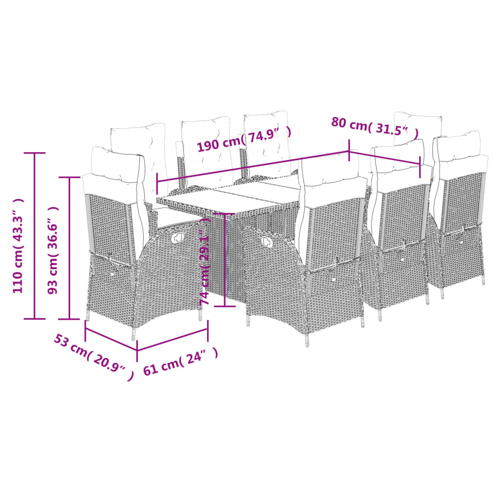 Set da Pranzo da Giardino 9 pz con Cuscini Nero in Polyrattan | homemem39