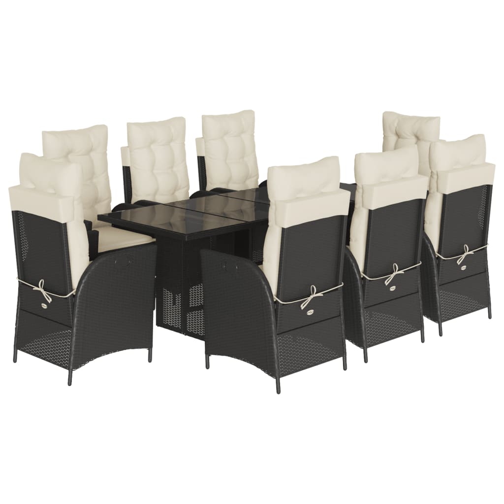 Set da Pranzo da Giardino 9 pz con Cuscini Nero in Polyrattan | homemem39