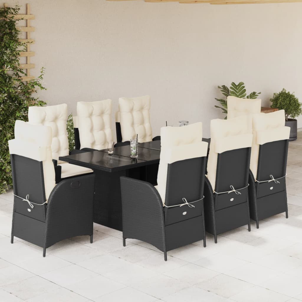 Set da Pranzo da Giardino 9 pz con Cuscini Nero in Polyrattan - homemem39