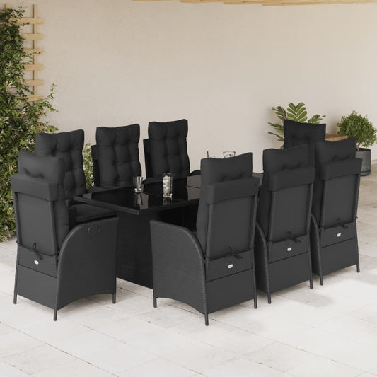 Set da Pranzo da Giardino 9 pz con Cuscini Nero in Polyrattan - homemem39