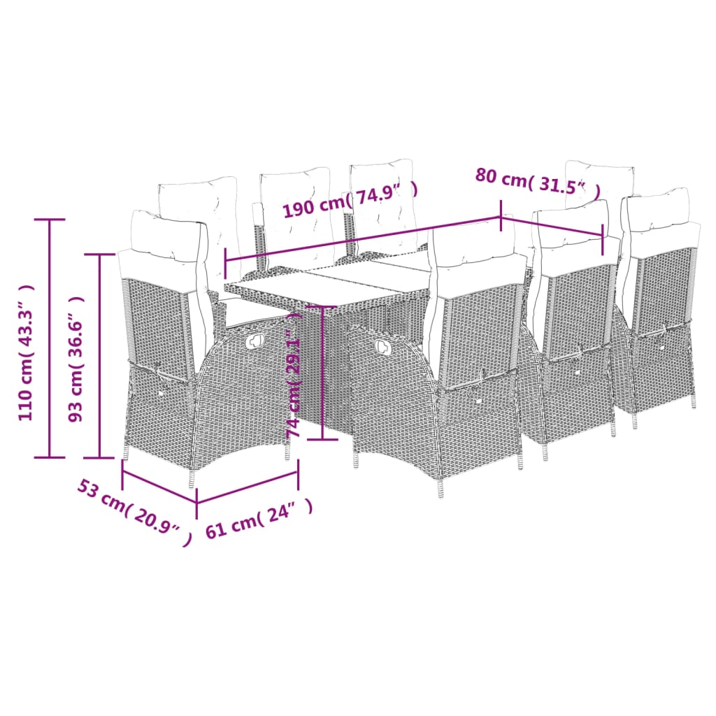 Set da Pranzo da Giardino 9 pz con Cuscini Beige in Polyrattan | homemem39