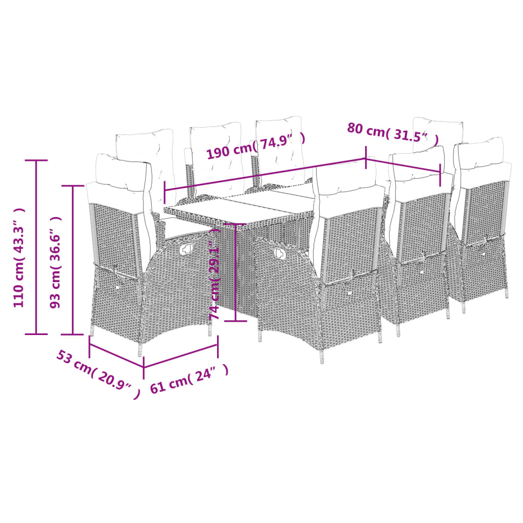 Set Pranzo da Giardino 9pz con Cuscini Grigio Chiaro Polyrattan