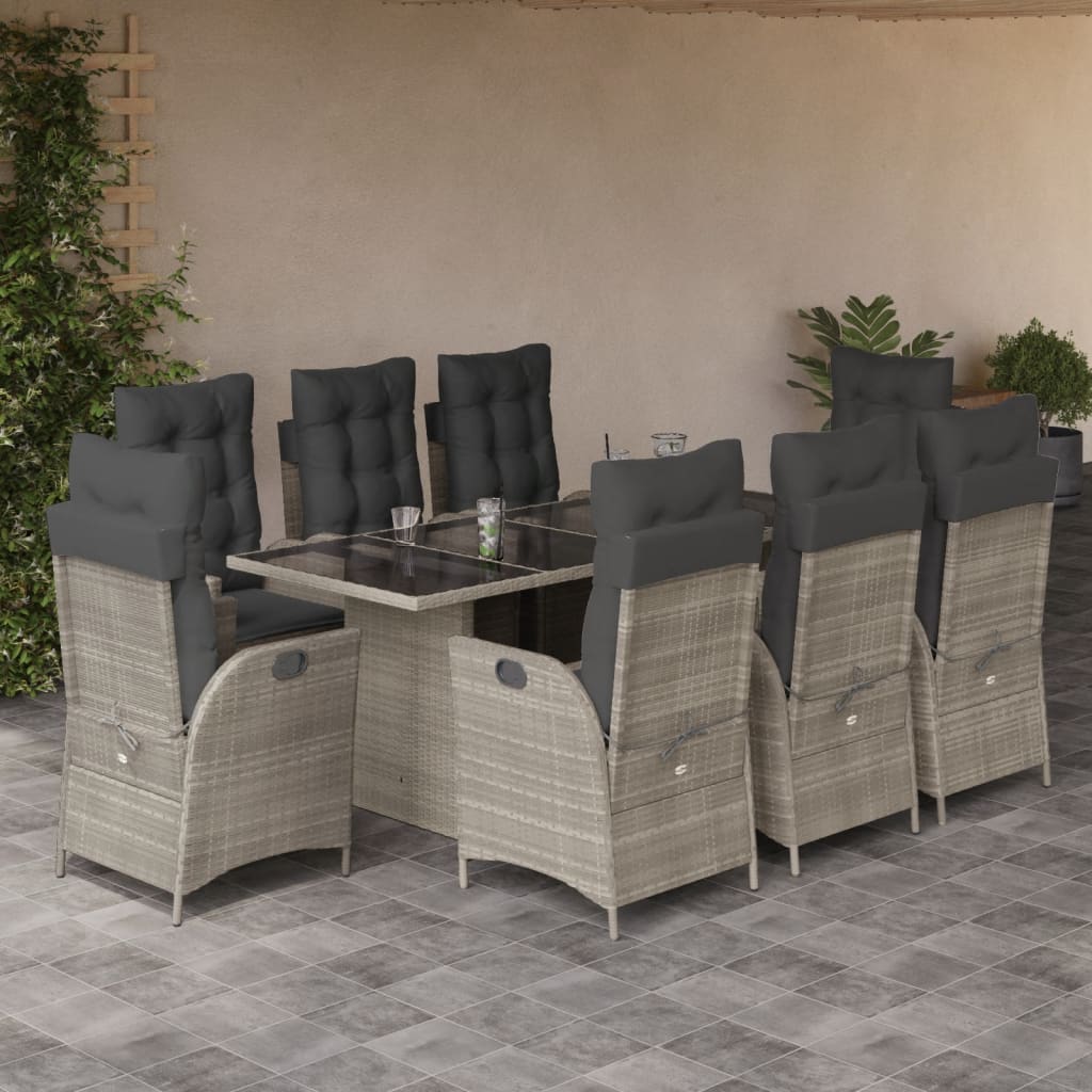 Set Pranzo da Giardino 9pz con Cuscini Grigio Chiaro Polyrattan - homemem39