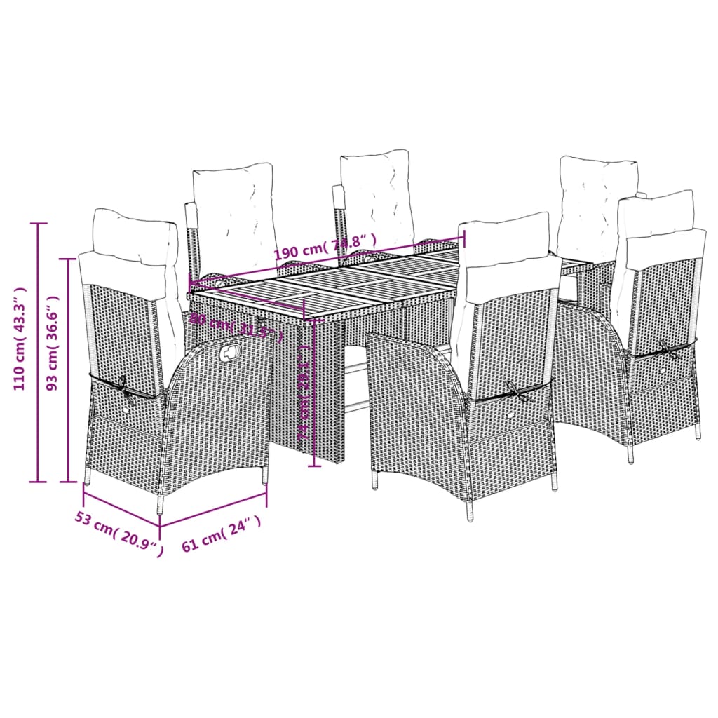 Set da Pranzo da Giardino 7 pz Nero con Cuscini in Polyrattan | homemem39