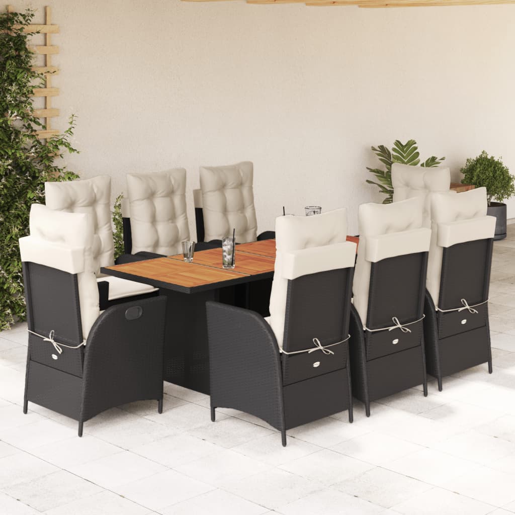 Set da Pranzo da Giardino 9 pz con Cuscini Nero in Polyrattan | homemem39