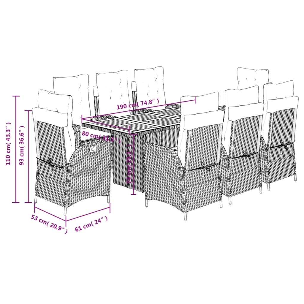 Set da Pranzo da Giardino 9 pz con Cuscini Nero in Polyrattan | homemem39