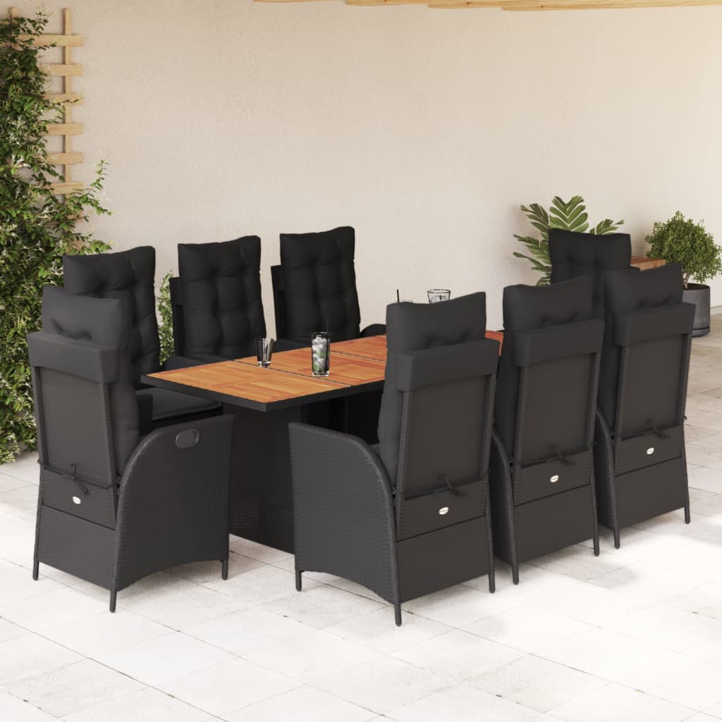 Set da Pranzo da Giardino 9 pz con Cuscini Nero in Polyrattan | homemem39