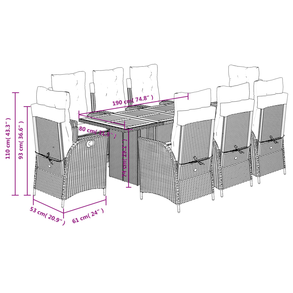 Set da Pranzo da Giardino 9 pz con Cuscini Beige in Polyrattan | homemem39