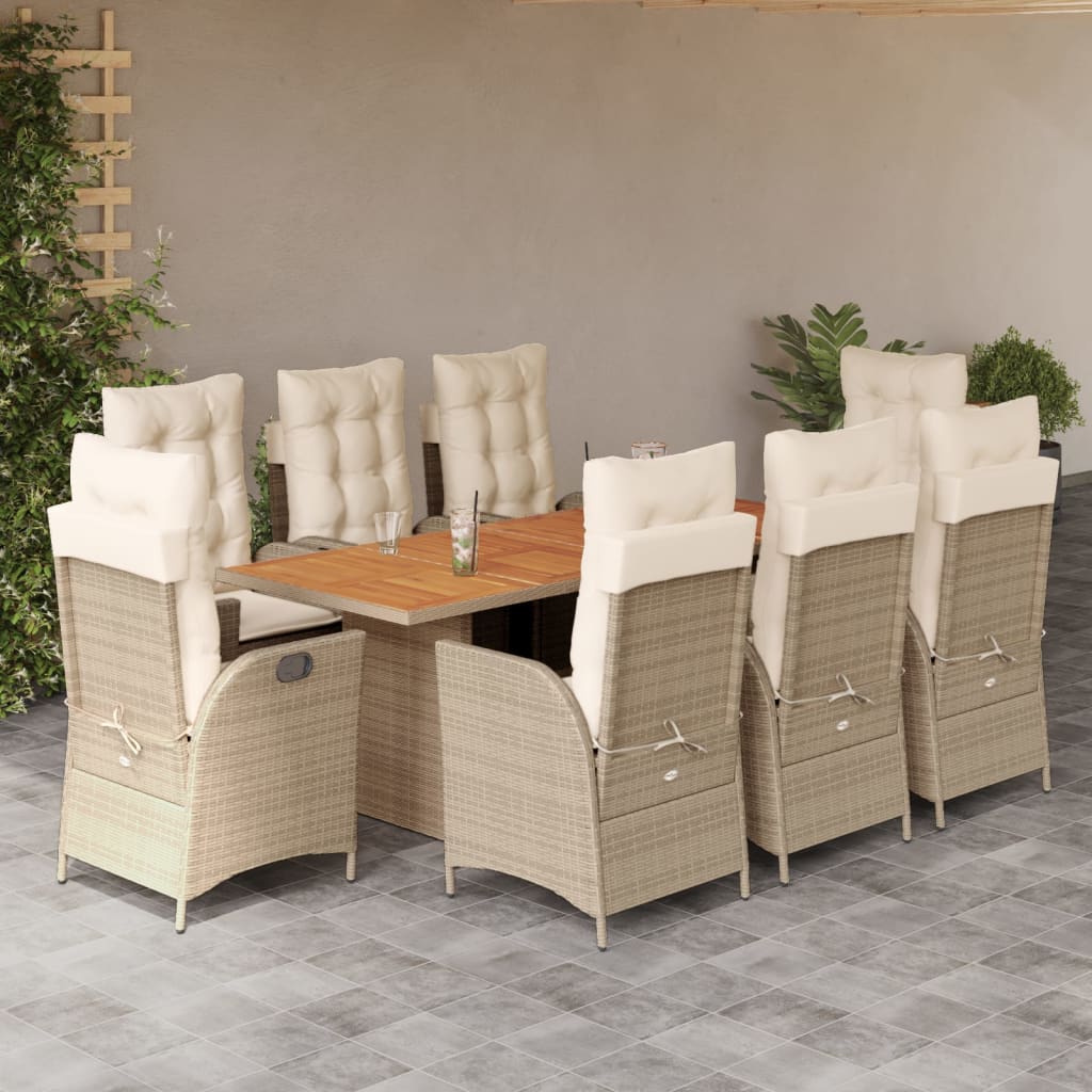 Set da Pranzo da Giardino 9 pz con Cuscini Beige in Polyrattan | homemem39