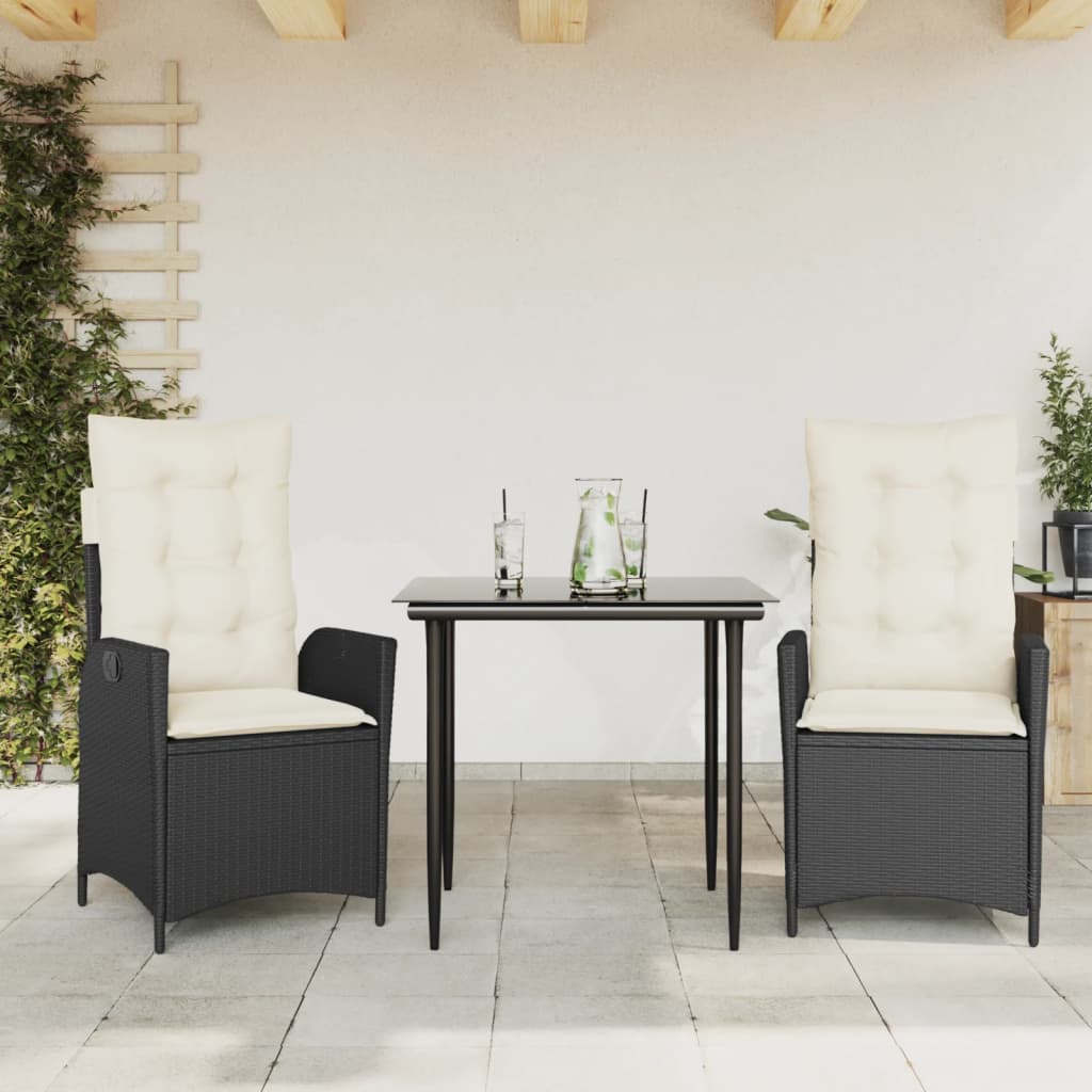 Set da Pranzo da Giardino 3 pz con Cuscini Nero in Polyrattan - homemem39
