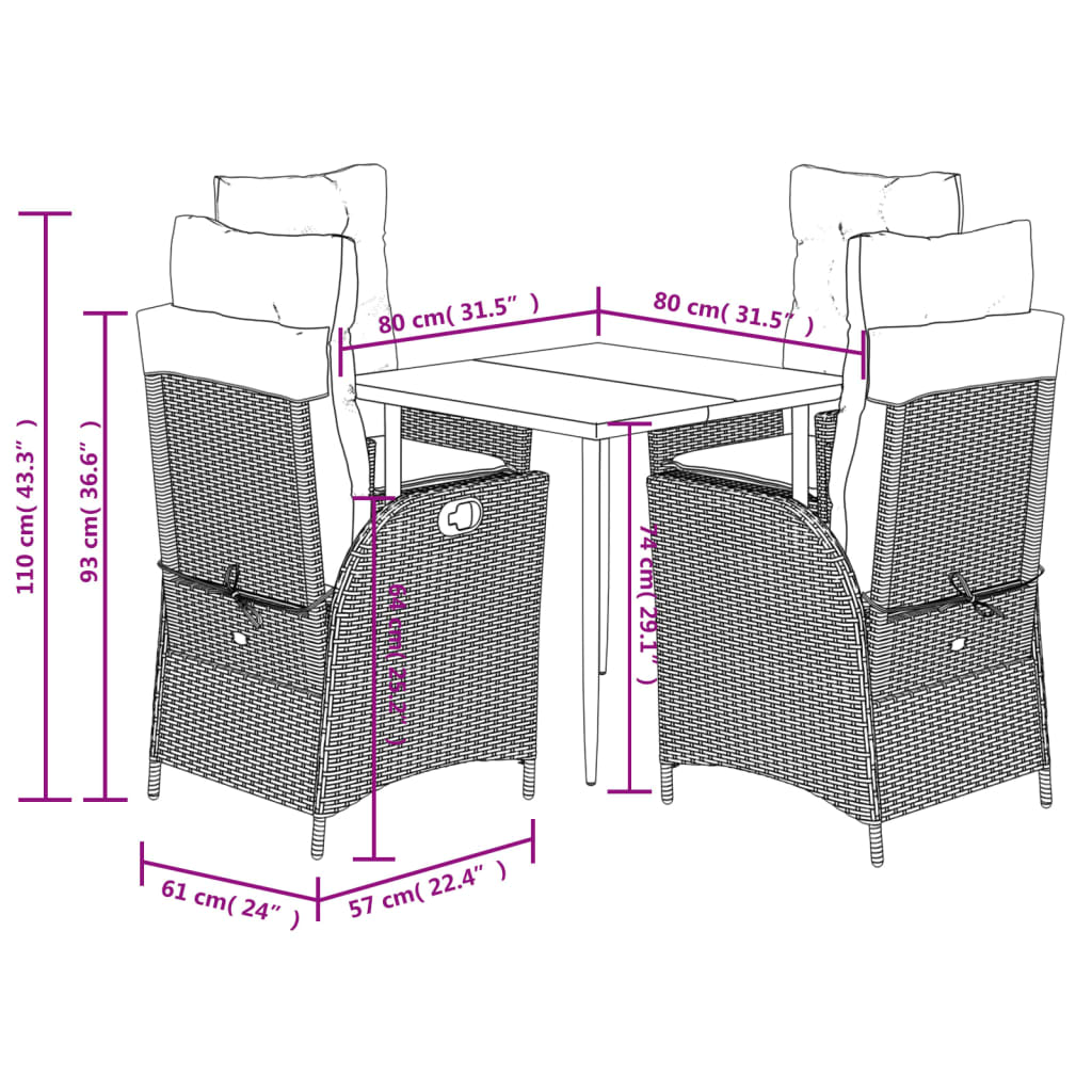 Set da Pranzo da Giardino 5 pz Nero con Cuscini in Polyrattan | homemem39