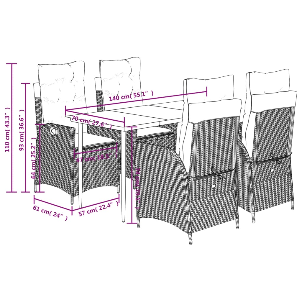 Set da Pranzo da Giardino 5 pz Nero con Cuscini in Polyrattan | homemem39