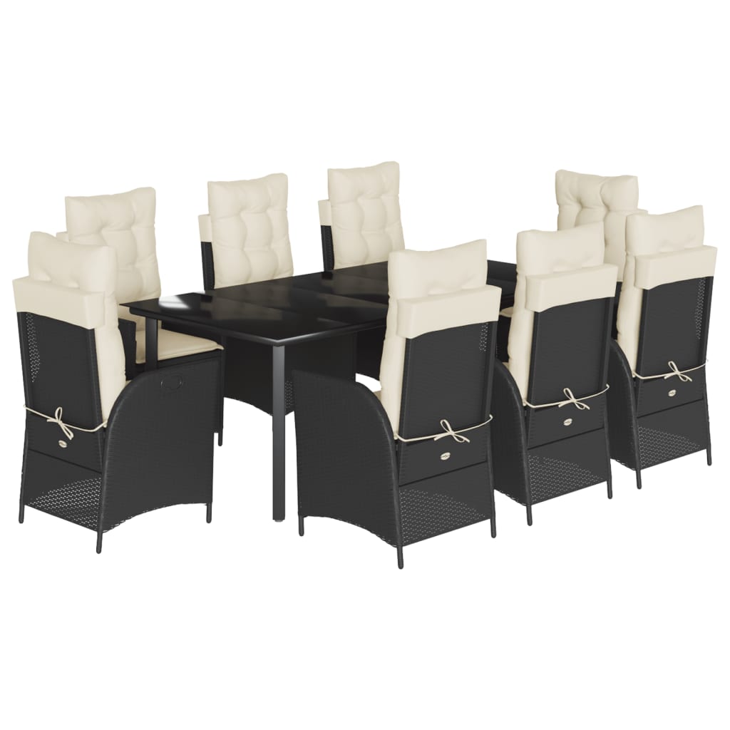Set da Pranzo da Giardino 9 pz con Cuscini Nero in Polyrattan | homemem39
