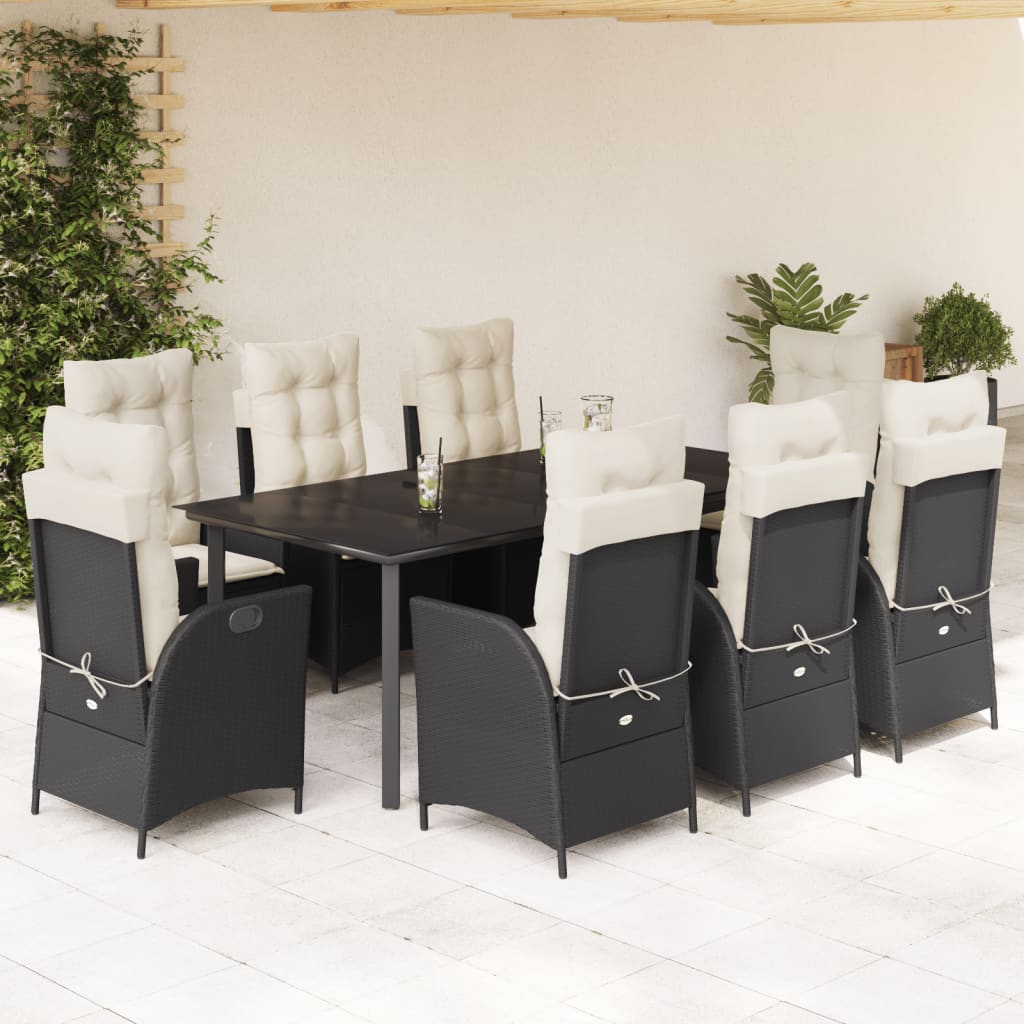 Set da Pranzo da Giardino 9 pz con Cuscini Nero in Polyrattan | homemem39