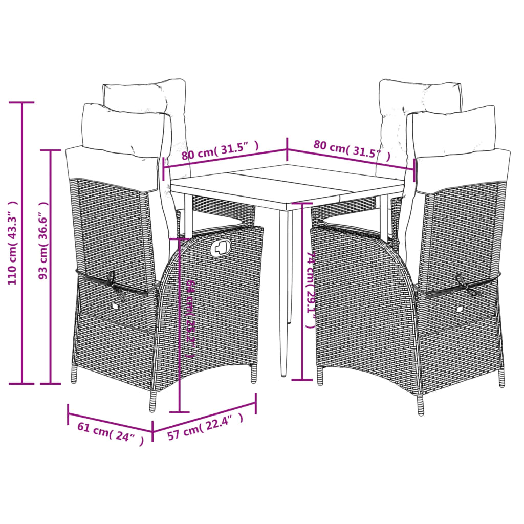 Set da Pranzo da Giardino 5 pz Nero con Cuscini in Polyrattan | homemem39