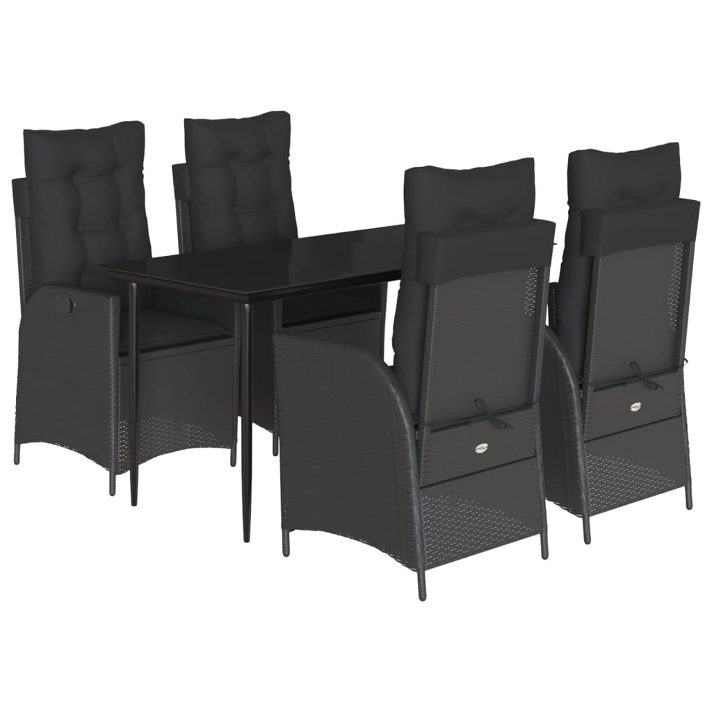 Set da Pranzo da Giardino 5 pz Nero con Cuscini in Polyrattan
