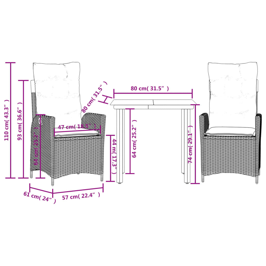 Set da Pranzo da Giardino 3 pz con Cuscini Nero in Polyrattan | homemem39