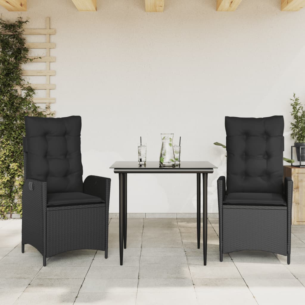 Set da Pranzo da Giardino 3 pz con Cuscini Nero in Polyrattan - homemem39