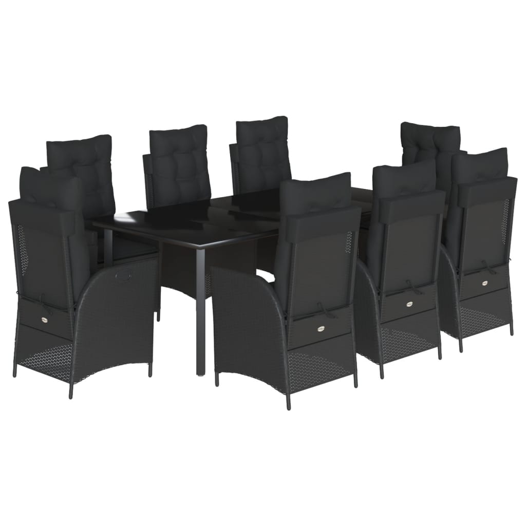 Set da Pranzo da Giardino 9 pz con Cuscini Nero in Polyrattan