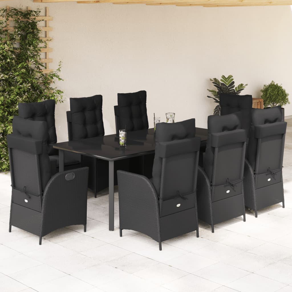 Set da Pranzo da Giardino 9 pz con Cuscini Nero in Polyrattan | homemem39
